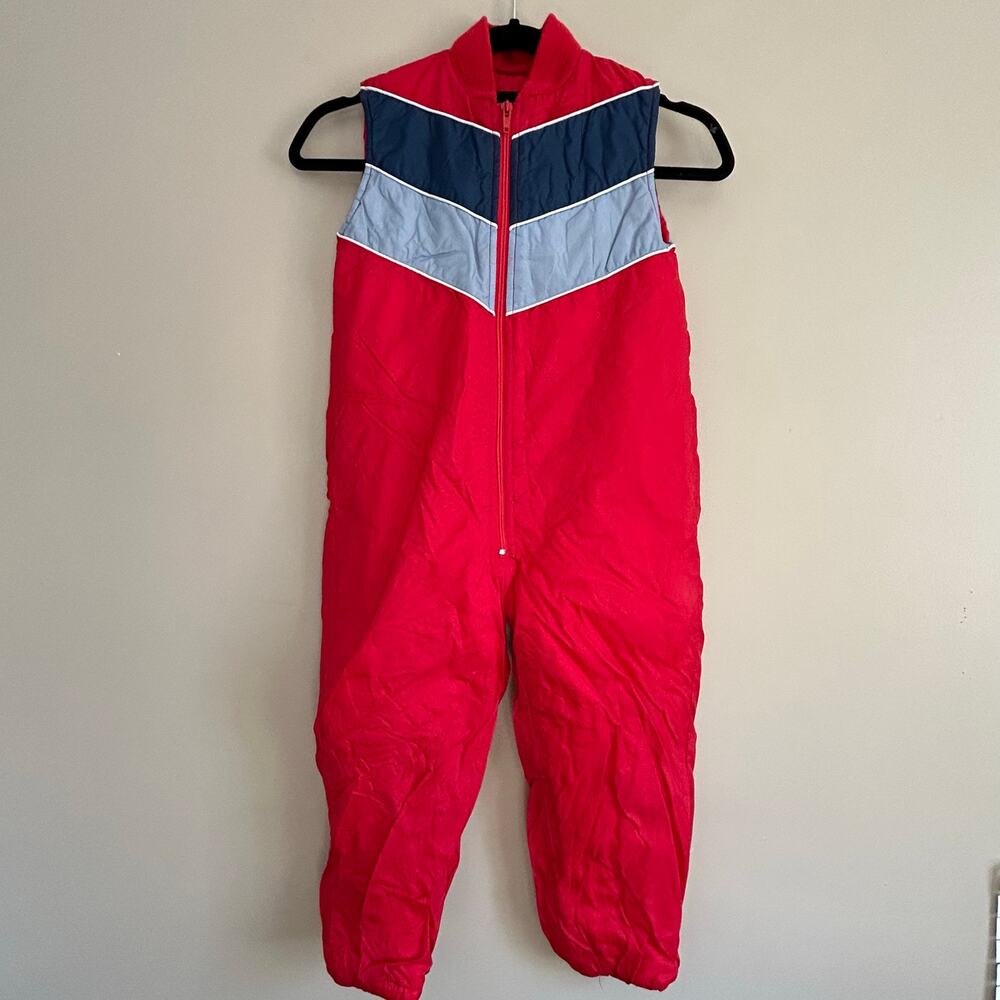 Vintage Sears Kids Snow Bib Suit Size 6 Red Chevron Colorblock 80s 90s